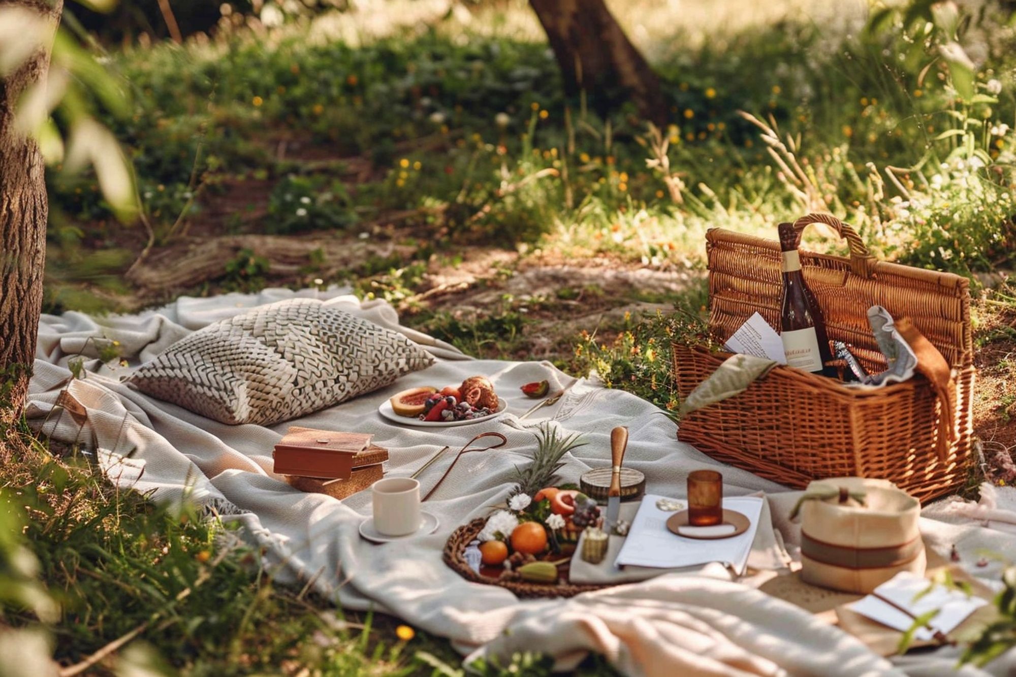 Cesta de piquenique organizada sobre uma toalha em meio ao jardim, com frutas, vinho, café e itens decorativos, representando como experiências diferenciadas elevam o valor percebido nas ofertas especiais para hotéis e ajudam a encantar o hóspede.