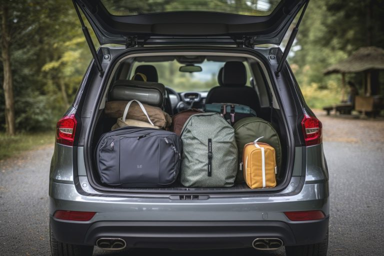 Porta-malas de carro carregado com malas e mochilas em meio a uma estrada cercada por árvores, representando o preparo para uma viagem. A imagem ilustra como a divulgação de pacotes de hospedagem para a baixa temporada pode incentivar viagens fora dos períodos tradicionais de férias.