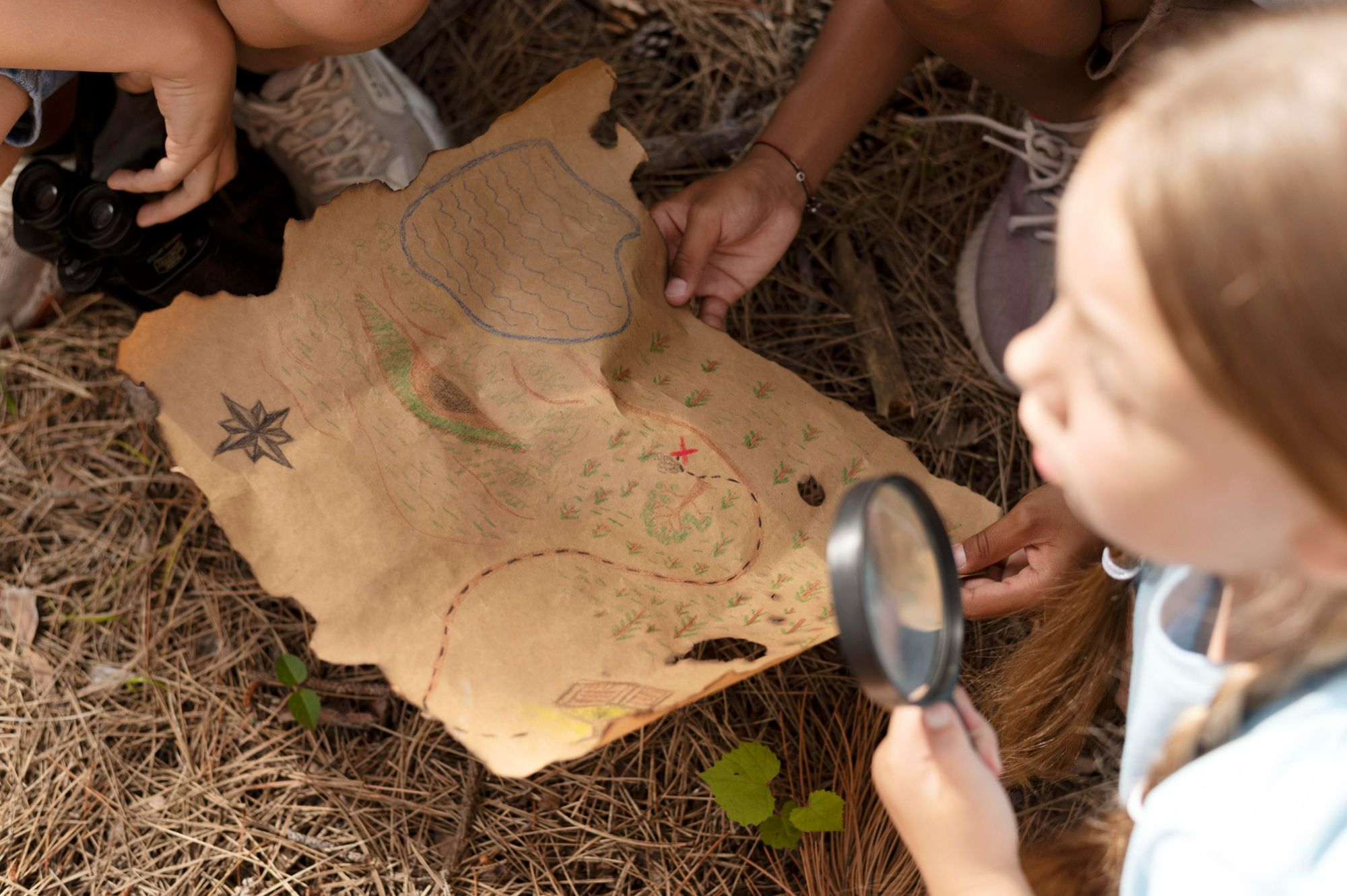 Crianças analisando um mapa do tesouro com lupa durante uma atividade ao ar livre, simbolizando como a gamificação na hotelaria pode envolver os hóspedes em experiências interativas e exploratórias dentro do empreendimento.