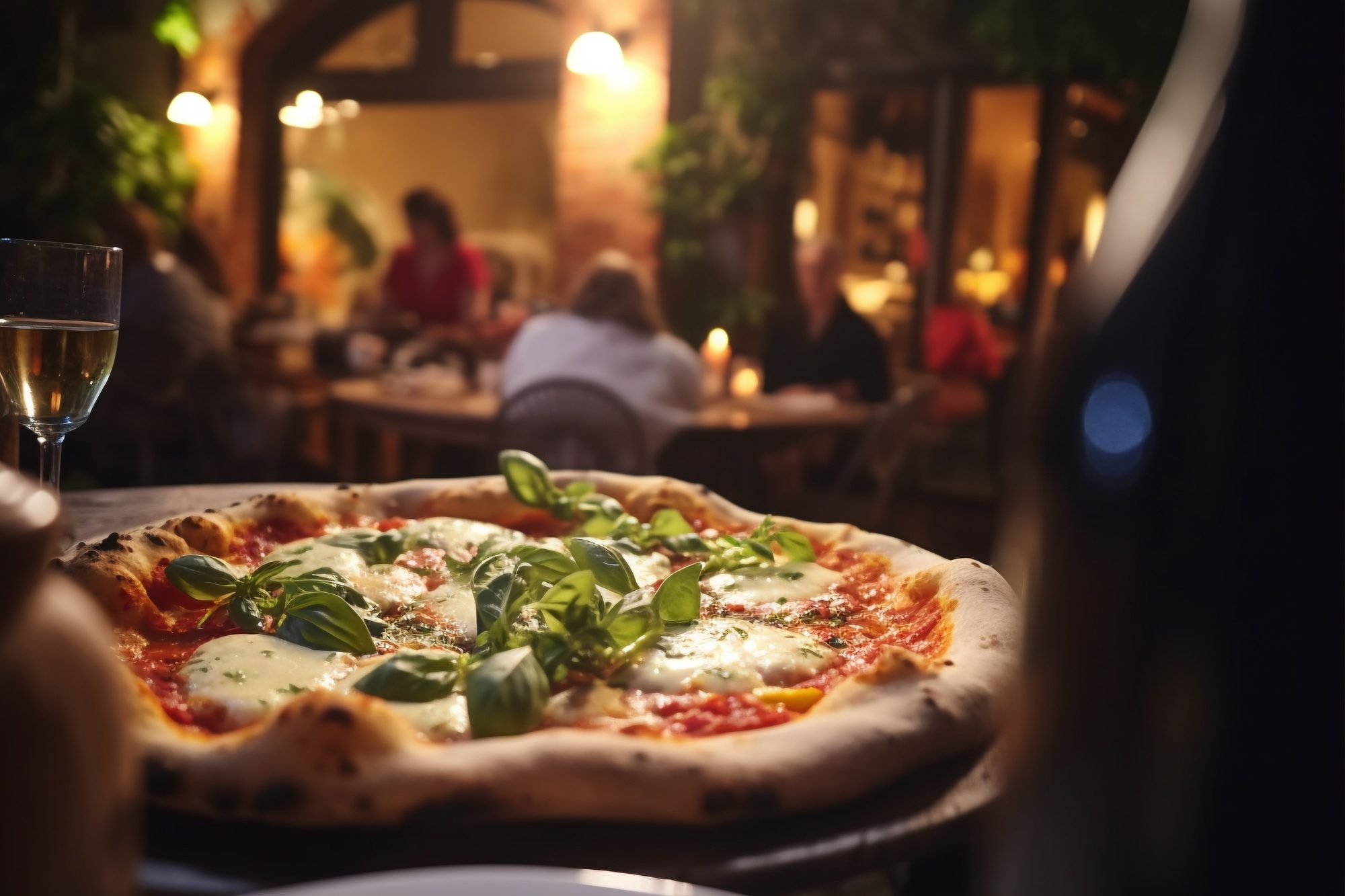 Pizza artesanal servida em ambiente acolhedor, com mesas ao fundo decoradas para a noite, ilustrando como eventos temáticos, como noites italianas, podem ser estratégias para restaurantes de hotéis atraírem mais clientes e aumentarem a receita.
