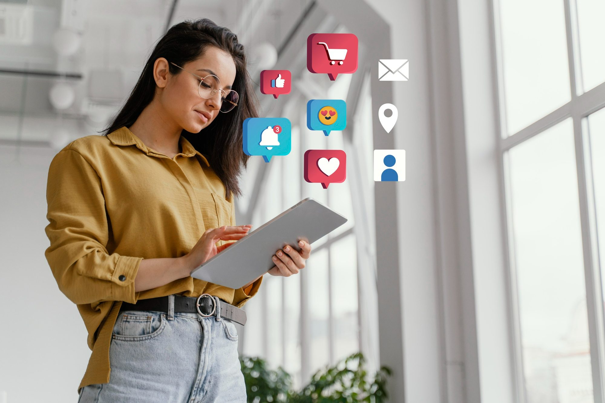 Mulher manuseia um tablet enquanto ícones de redes sociais flutuam ao seu redor, simbolizando o uso de marketing digital como uma das estratégias para aumentar a receita do restaurante do hotel por meio do fortalecimento da presença online e do engajamento com o público.