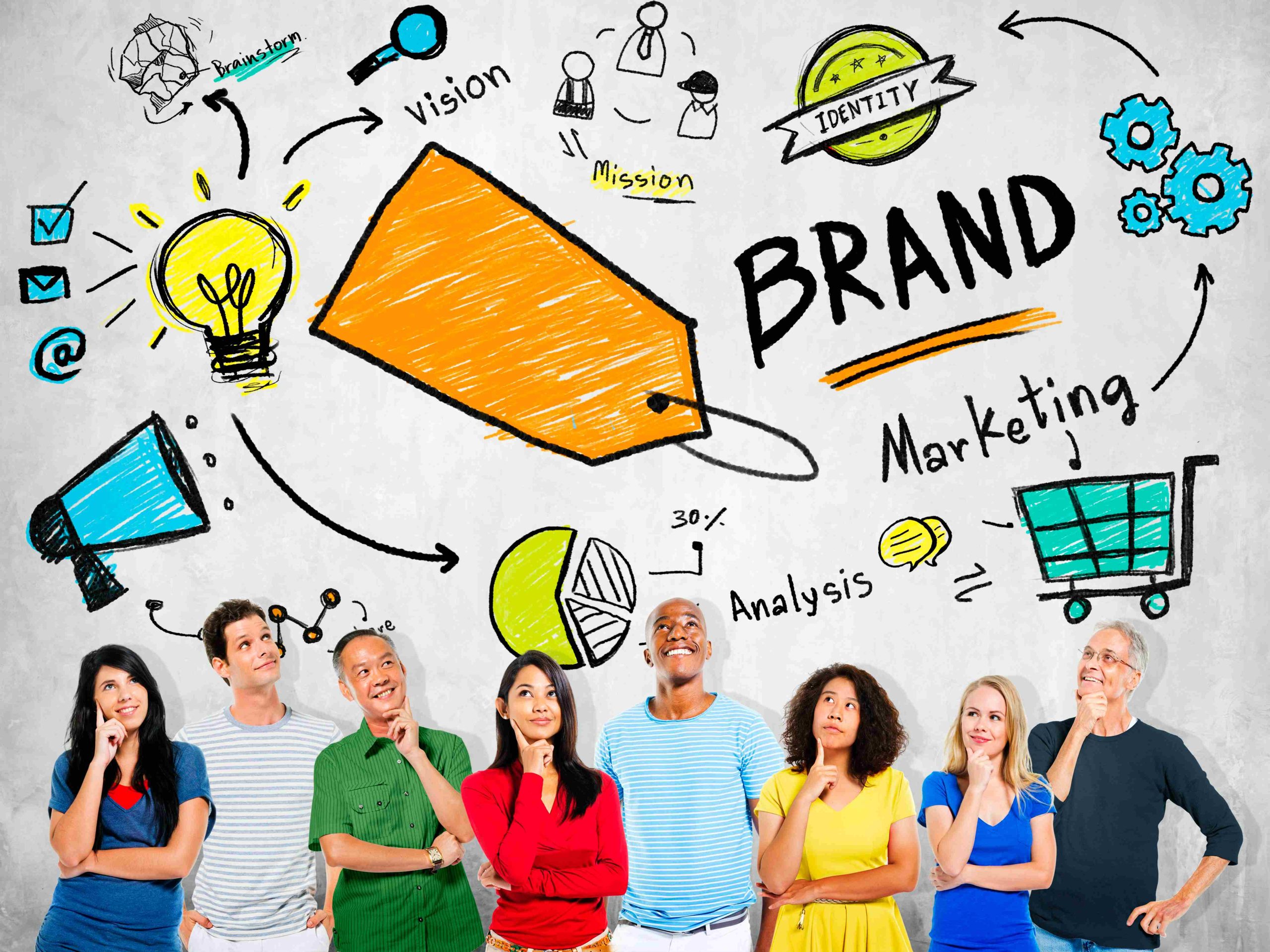 Grupo de pessoas refletindo diante de painel criativo com elementos de branding e marketing, representando a importância de definir boas estratégias para restaurantes de hotéis.