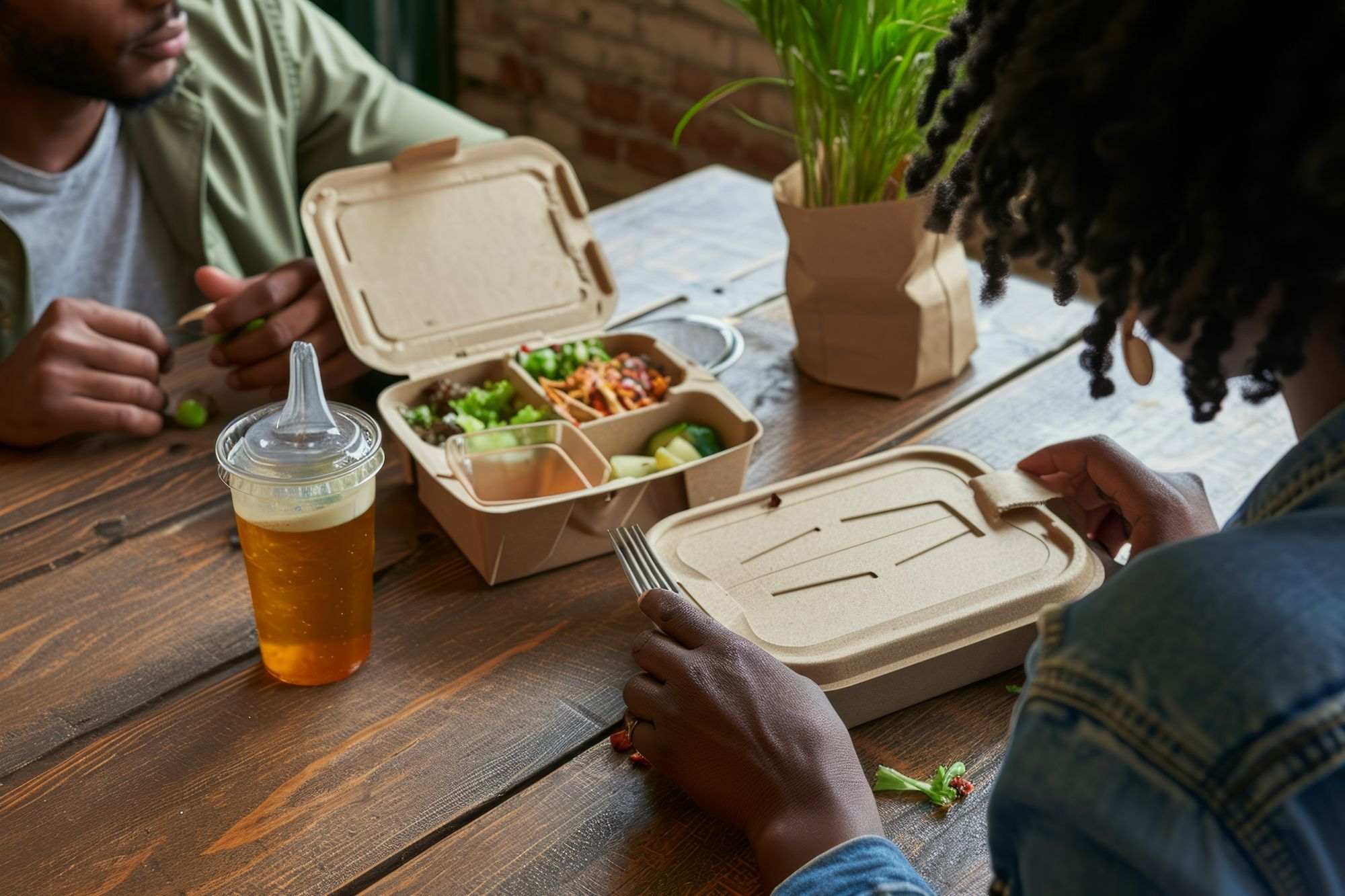 Dois clientes sentados à mesa em um restaurante compartilham uma refeição servida em embalagens sustentáveis de papelão. Uma das pessoas segura um garfo, enquanto a outra abre a tampa da embalagem. Em destaque, um copo com tampa plástica transparente e bebida âmbar. A cena remete à transição para alternativas aos plásticos de uso único em serviços de alimentação.