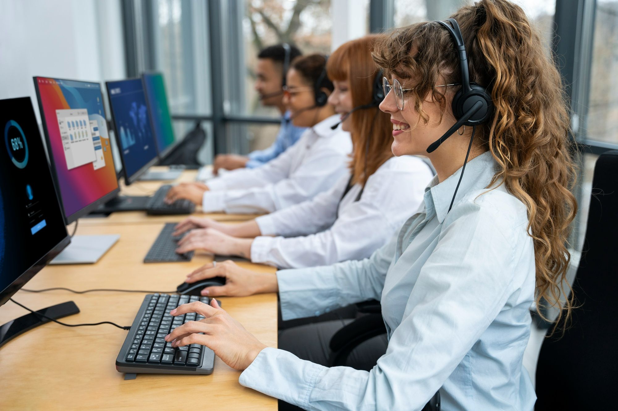 Equipe de atendentes usando headset e computadores em ambiente corporativo moderno. A imagem representa uma central de atendimento em hotéis composta por profissionais bem treinados e confiantes.