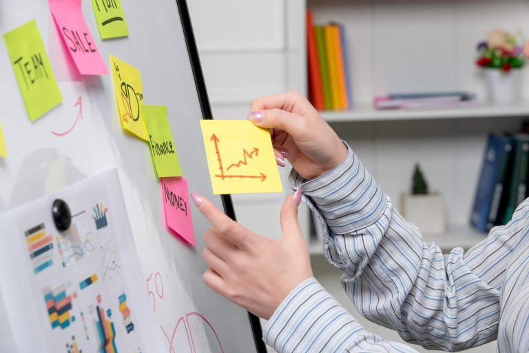 Organização de pipeline de vendas com post-its e gráficos em quadro branco, representando a aplicação estratégica do inside sales na hotelaria para otimizar processos comerciais.