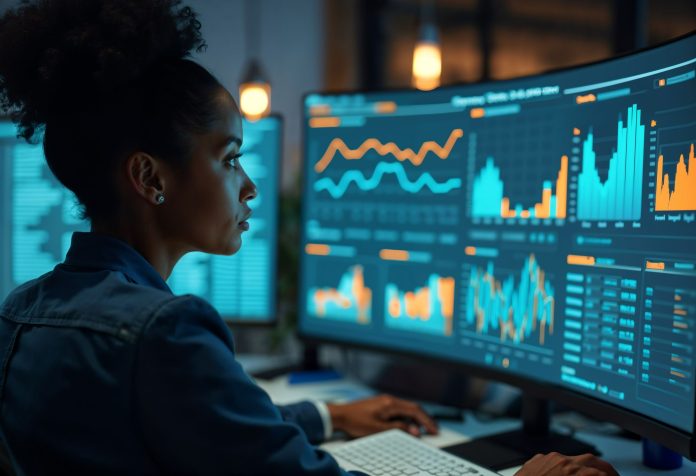 Mulher observa atentamente múltiplos gráficos em telas de computador com visualizações de dados em tons de azul e laranja, representando a análise detalhada de informações para tomada de decisões estratégicas com base em big data nas compras hoteleiras.