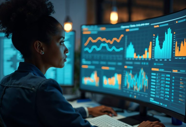 Mulher observa atentamente múltiplos gráficos em telas de computador com visualizações de dados em tons de azul e laranja, representando a análise detalhada de informações para tomada de decisões estratégicas com base em big data nas compras hoteleiras.