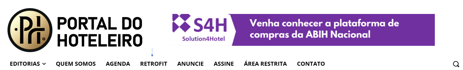 Menu principal do Portal do Hoteleiro com logotipo e seções como Editorial, Agenda, Retrofit, Anuncie e Contato. Destaque para a aba "Retrofit".