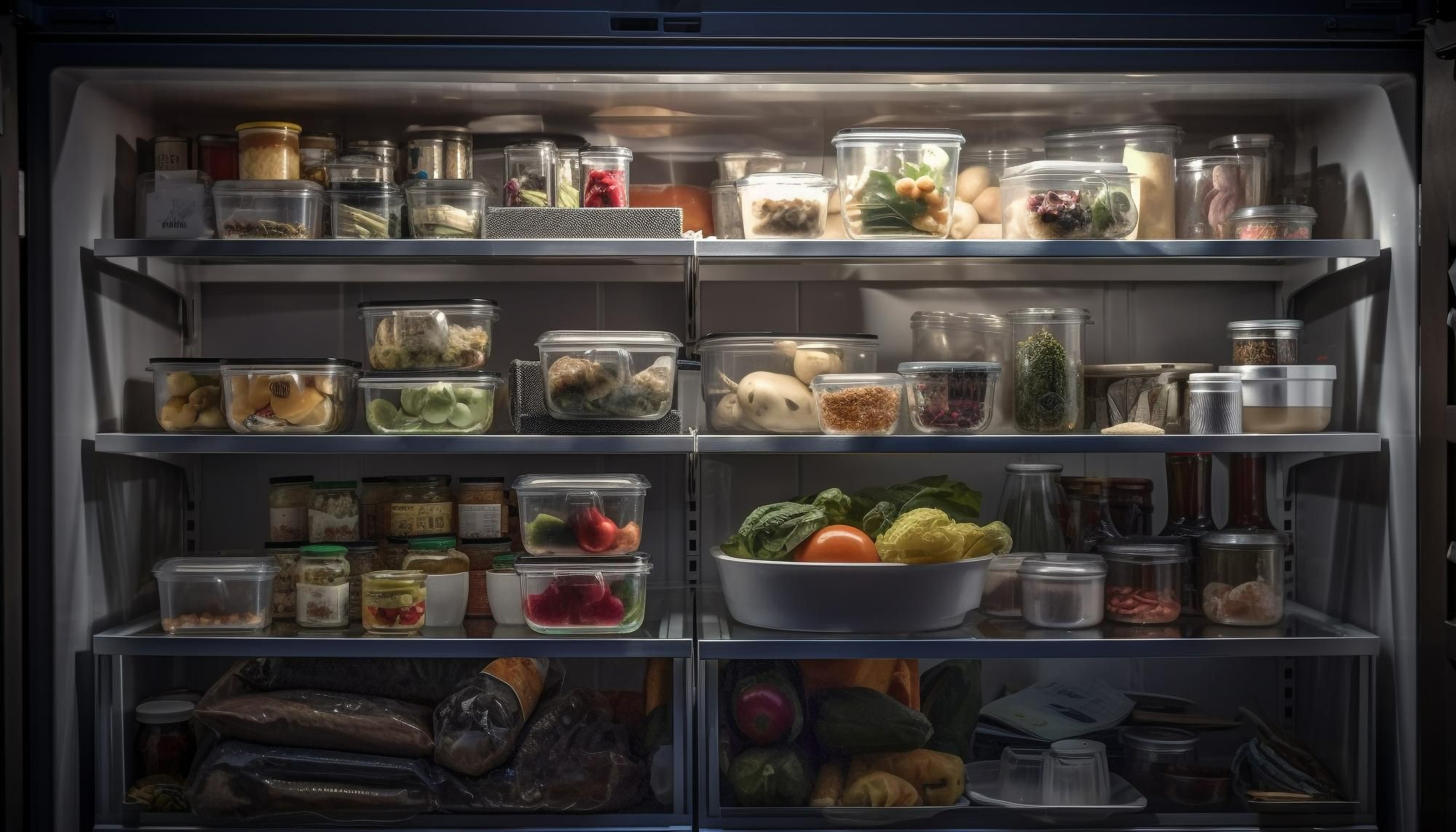 Uma geladeira moderna de porta dupla com as prateleiras cheias de potes de vidro e plástico transparentes, contendo diversos tipos de alimentos, desde vegetais e frutas até carnes embaladas a vácuo na parte de baixo. A organização meticulosa e a iluminação interna destacam a importância de um armazenamento correto para a segurança alimentar em hotéis.