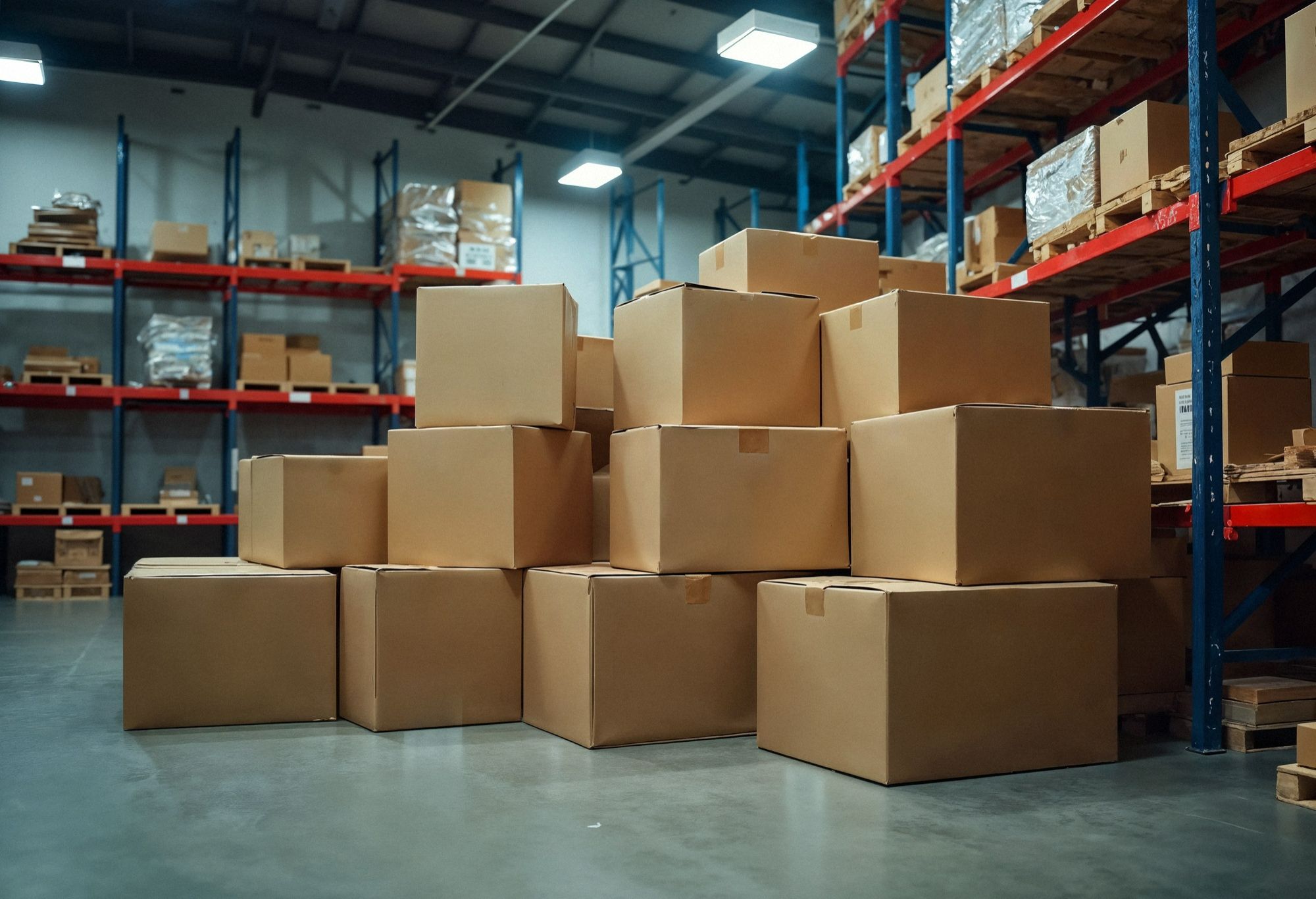 Um conjunto desordenado de caixas de papelão marrom de tamanhos variados está empilhado diretamente no chão de concreto de um armazém ou depósito. Ao fundo, prateleiras metálicas vermelhas e azuis estão carregadas com mais caixas, algumas ainda embaladas em plástico filme. A iluminação industrial no teto projeta sombras sobre as caixas, sugerindo a importância da organização adequada para a eficiência do estoque em hotéis.
