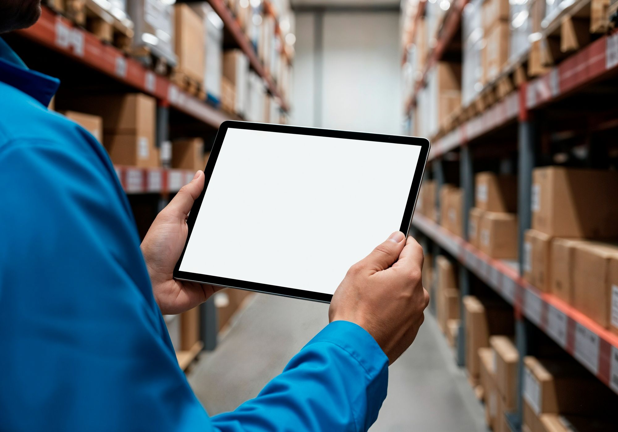 Um homem vestindo uma camisa azul está de costas para a câmera, segurando um tablet com tela branca em paisagem, no corredor de um grande armazém ou depósito com prateleiras altas repletas de caixas de papelão. A imagem foca nas mãos segurando o dispositivo, representando a importância do registro preciso de todas as movimentações de estoque em hotéis para evitar erros significativos.
