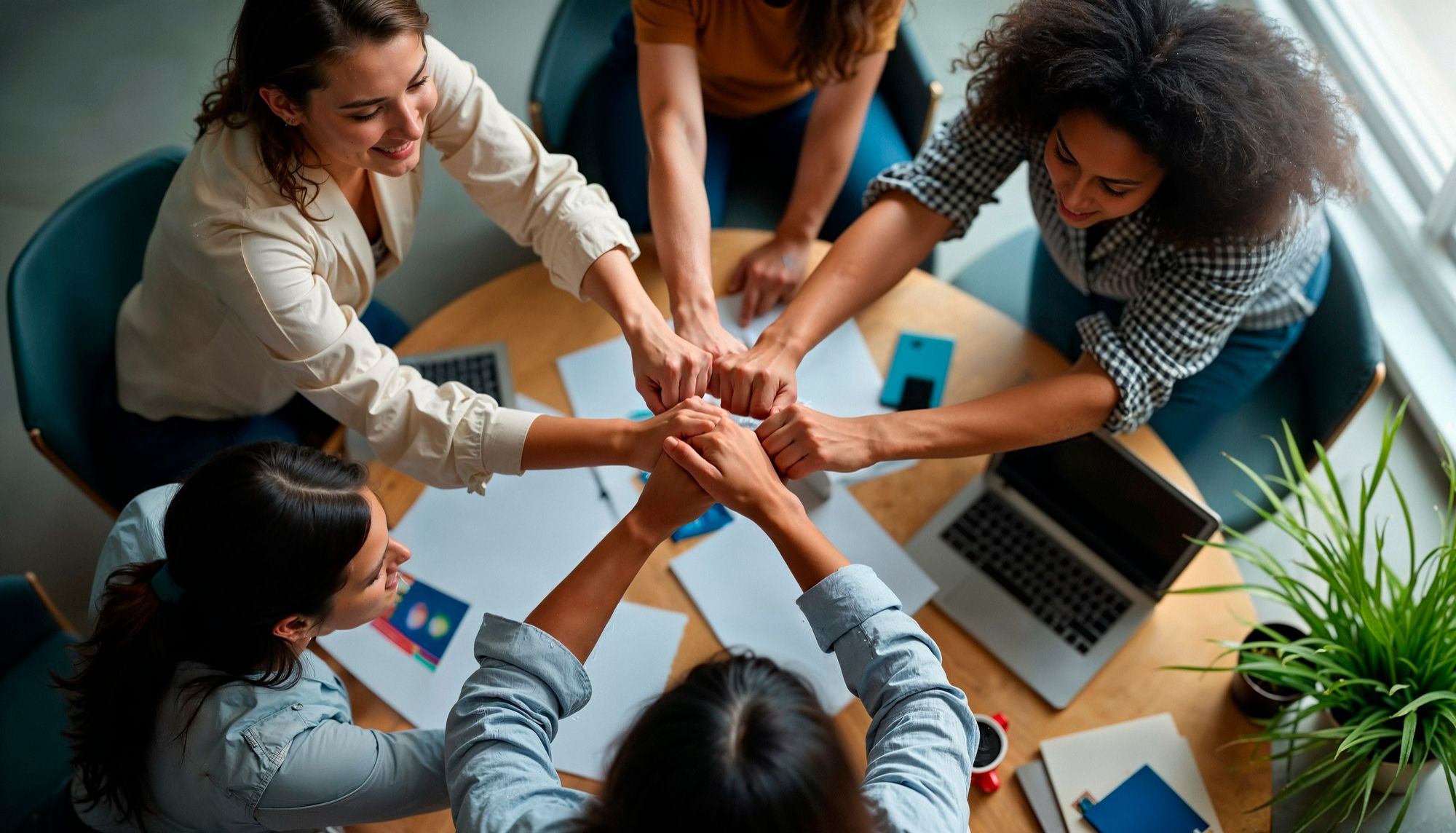 Uma foto aérea mostra um grupo de cinco mulheres, sorrindo e com os punhos cerrados no centro de uma mesa de reunião, em um gesto de união e trabalho em equipe. Laptops, cadernos e papéis estão espalhados sobre a mesa. A imagem simboliza a colaboração, a transparência e a integração necessárias para uma comunicação em eventos eficaz e focada em resultados.