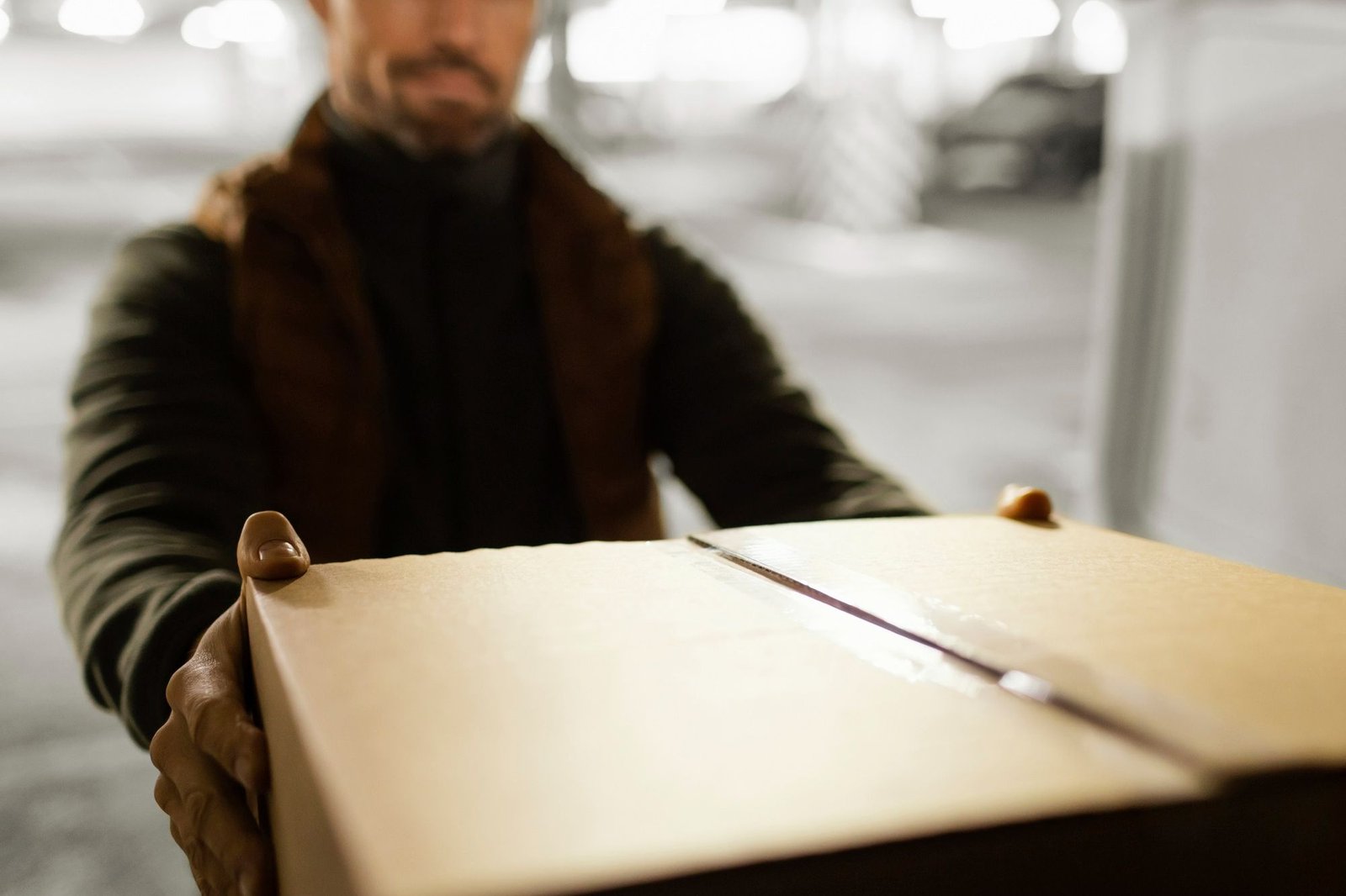 Uma imagem com foco em uma grande caixa de papelão que um homem barbudo, usando um casaco escuro, segura com as duas mãos, estendendo-a em direção à câmera. O fundo de um estacionamento ou armazém está desfocado. A imagem ilustra uma compra emergencial, representando uma solução rápida e paliativa para um problema de estoque.