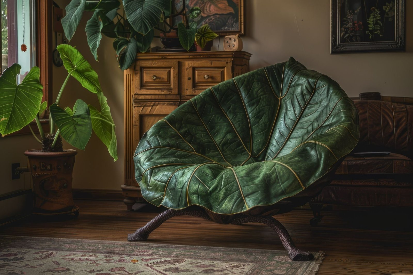 Uma poltrona com o formato de uma grande folha verde escura, com veios em tom dourado, está no centro de uma sala. Seus pés parecem raízes ou galhos. A poltrona está sobre um tapete estampado, em um chão de madeira. Ao fundo, um armário de madeira, um sofá de couro, quadros na parede e plantas em vasos, incluindo uma grande planta à esquerda, perto de uma janela. 