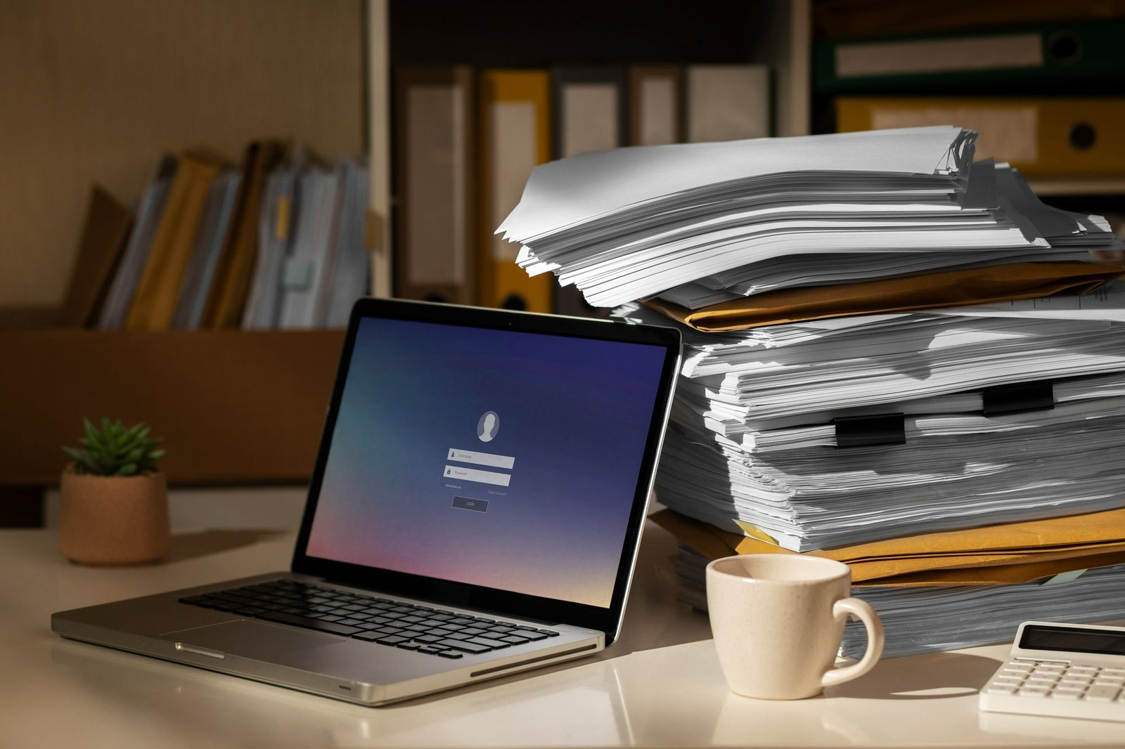 Um laptop prateado está aberto sobre uma mesa. Na tela, uma página de login com campos para nome de usuário e senha. Ao lado do laptop, há uma grande pilha de papéis, pastas e documentos. Uma xícara de café e uma calculadora branca estão na frente da pilha. A cena sugere que é possível digitalizar os dados que constam nos papéis, uma iniciativa que compõe as práticas sustentáveis em hotéis.