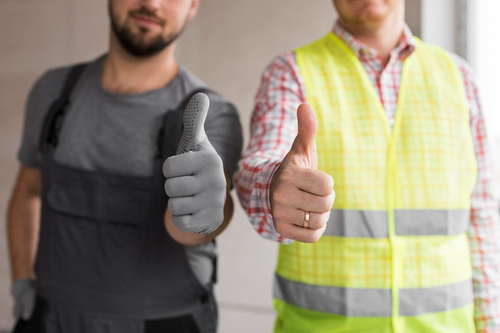 Dois profissionais da construção ou manutenção, um de macacão cinza e luvas, e outro com colete de segurança amarelo, ambos fazendo um gesto de 'joinha' com os polegares para cima. A imagem simboliza a aprovação, eficiência e os benefícios de um plano de manutenção bem executado em hotéis.