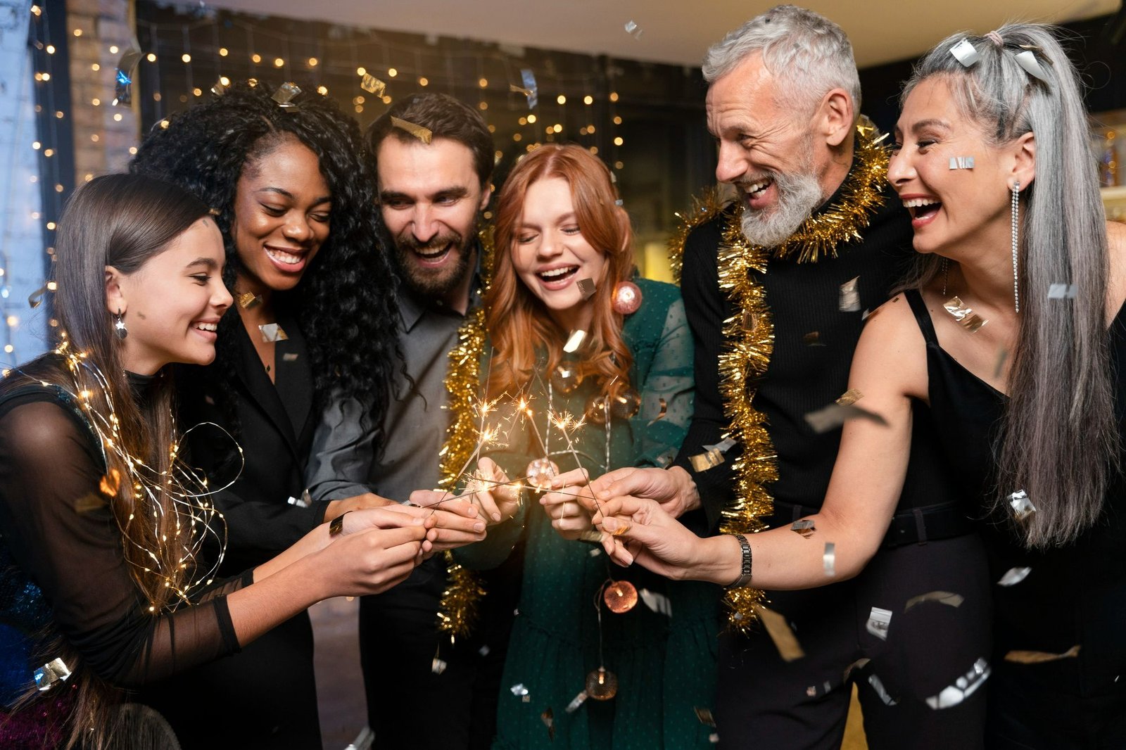 Grupo diversificado de seis pessoas, homens e mulheres de diferentes idades, sorrindo e celebrando a virada do ano em um Réveillon de hotel. Elas seguram estrelinhas acesas e são envolvidas por confetes e decorações douradas, transmitindo alegria e um ambiente festivo.