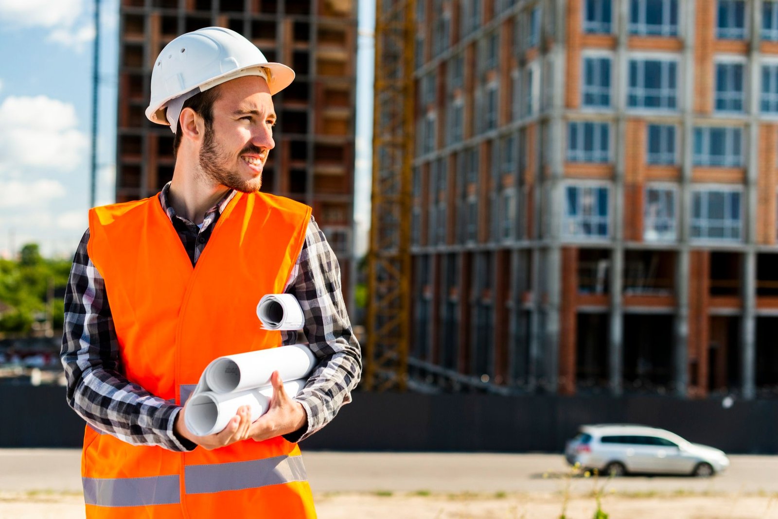 Engenheiro ou arquiteto jovem, com capacete de segurança branco e colete laranja de alta visibilidade, segurando rolos de projeto (plantas) e olhando para o lado. Ao fundo, estruturas de prédios em construção ou reforma, simbolizando que o financiamento hoteleiro favorece o investimento em infraestrutura.