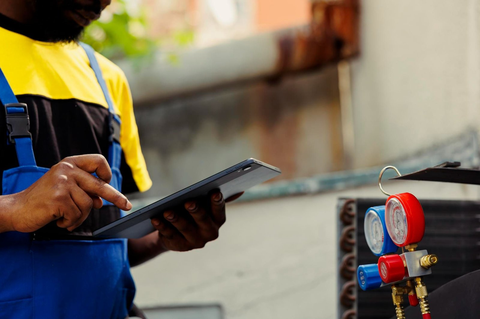 Um técnico de manutenção, vestindo um uniforme de trabalho azul e amarelo, opera um tablet com as mãos, com foco na tela. Ao seu lado direito, um medidor de pressão vermelho e azul está conectado a um sistema de refrigeração visível em segundo plano. A imagem destaca a combinação de conhecimento técnico e tecnologia moderna no trabalho de manutenção.