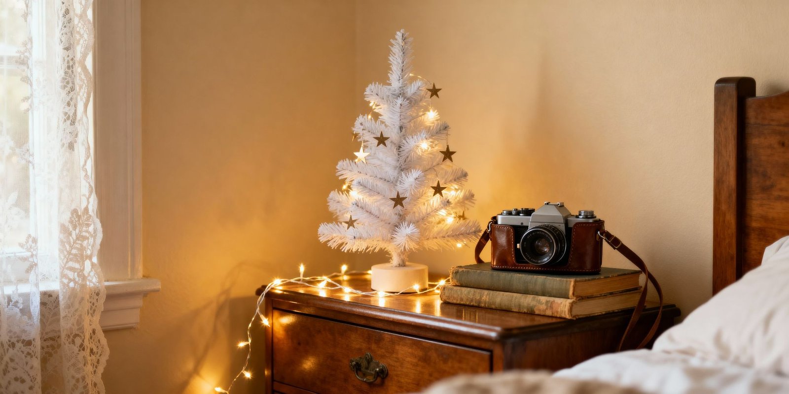 Decoração de Natal aconchegante em um quarto: uma pequena árvore branca iluminada, uma câmera vintage e livros antigos sobre uma cômoda de madeira.