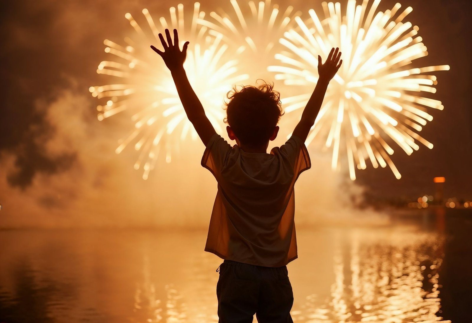 Silhueta de uma criança de costas, com os braços levantados em comemoração, observando um espetáculo de fogos de artifício dourados explodindo no céu noturno. Os fogos de artifício iluminam a água abaixo, criando um brilhante reflexo laranja.