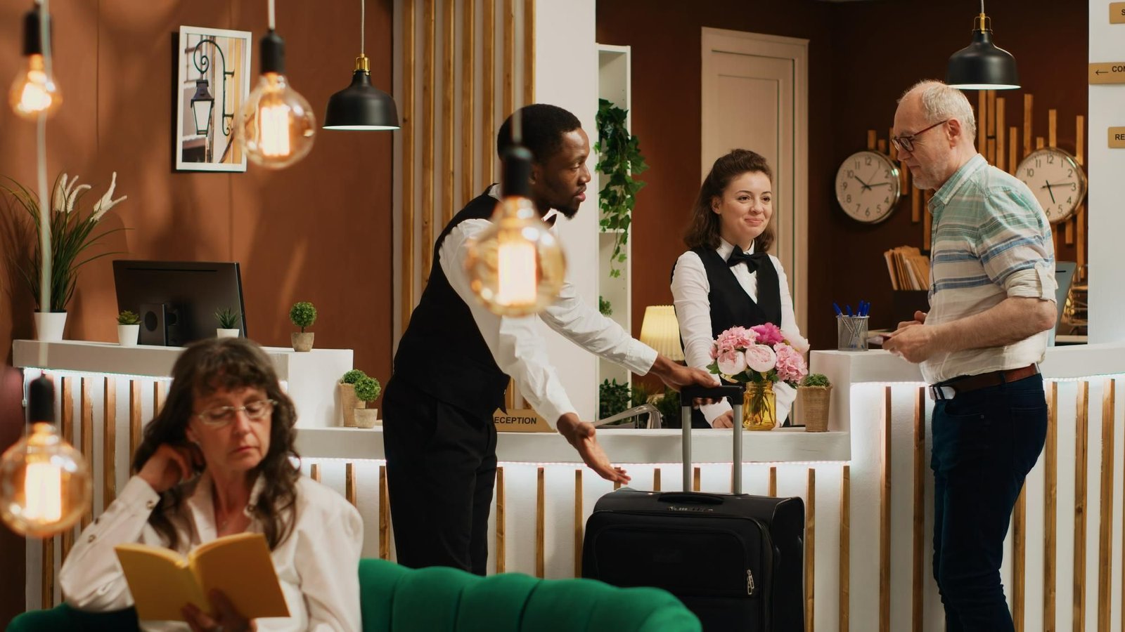 Em uma recepção de hotel com iluminação acolhedora e decoração em tons de madeira e marrom, um carregador (maleteiro) de colete e camisa branca gesticula, oferecendo-se para ajudar um hóspede mais velho com sua mala de rodinhas preta. Atrás do balcão, uma recepcionista sorri gentilmente. No primeiro plano, uma hóspede sentada lê um livro. A cena representa o serviço atencioso e humano na recepção hoteleira.