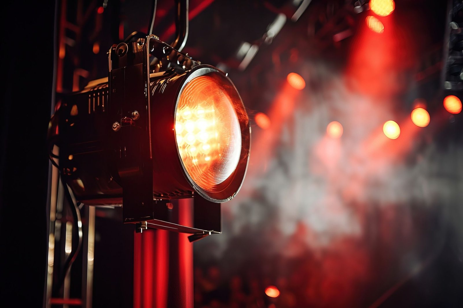 Close-up de um refletor de palco profissional emitindo uma luz intensa em tons de laranja e vermelho, com um fundo escuro e embaçado que mostra outros pontos de luz e fumaça. A foto representa a importância da iluminação, um dos recursos mais poderosos para prender a atenção das pessoas e um exemplo da aplicação dos princípios de neurociência em eventos.