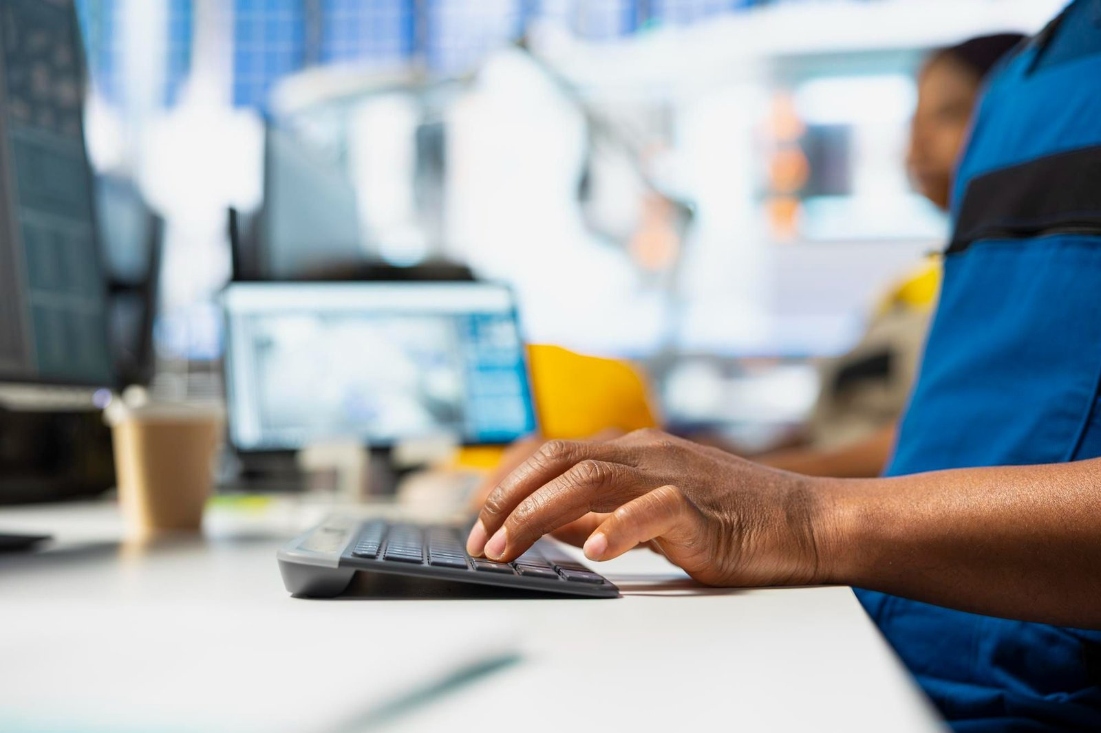 Close-up das mãos de um profissional de manutenção operando um teclado em uma central de controle. Ao fundo, telas de computador desfocadas sugerem o monitoramento de sistemas digitais e gerenciamento de dados em tempo real.