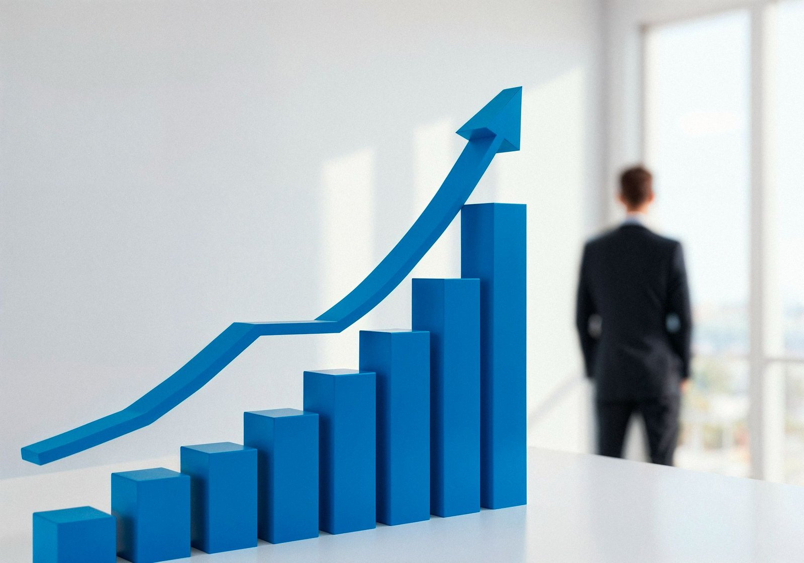 Ilustração de sucesso e ascensão profissional representada por um gráfico de crescimento ascendente em azul. Ao fundo, de forma desfocada, um homem em traje executivo está de costas, observando a vista através de uma grande janela de escritório. A imagem transmite a ideia de metas atingidas e evolução contínua no mercado de trabalho.