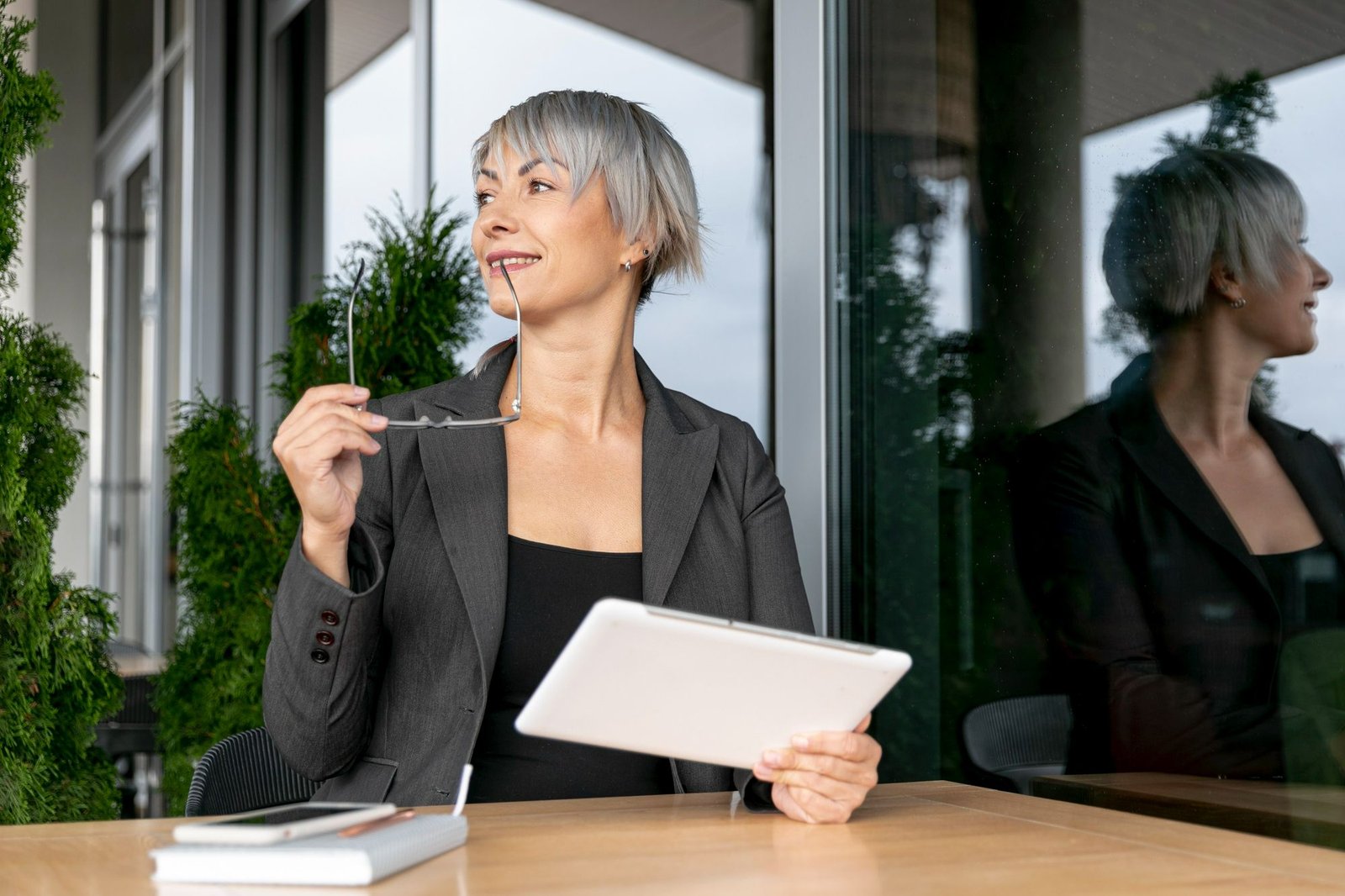 Mulher de cabelos curtos grisalhos e blazer cinza sentada à mesa de uma varanda, segurando um tablet e um par de óculos enquanto olha para o lado com um sorriso confiante e reflexivo. A foto representa o convite para a rodada de negócios em São Paulo - um benefício exclusivo aos assinantes do Portal do Hoteleiro.