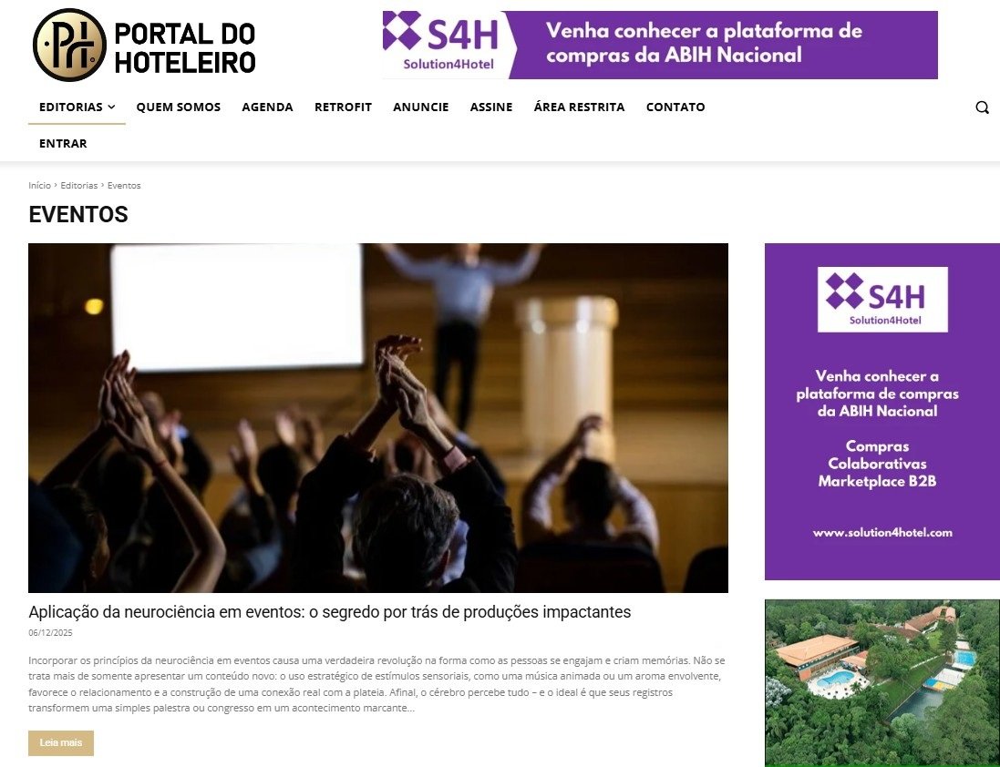 Captura de tela do site Portal do Hoteleiro na seção "Eventos". O destaque é o artigo "Aplicação da neurociência em eventos: o segredo por trás de produções impactantes", datado de 06/12/2025. Além desse, há diversos outros textos com ênfase na realização de eventos em hotéis.