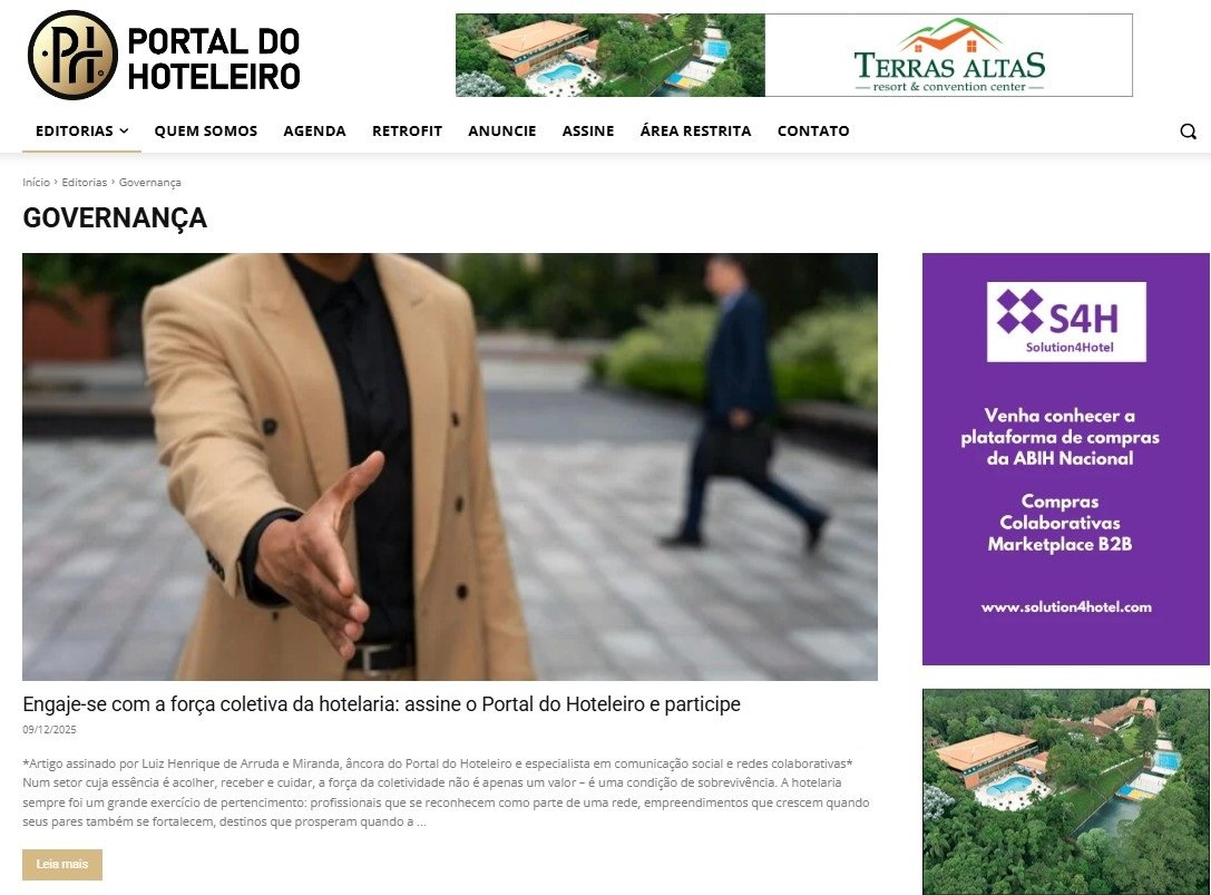 Captura de tela do site Portal do Hoteleiro na seção "Governança". O destaque é o artigo "Engaje-se com a força coletiva da hotelaria: assine o Portal do Hoteleiro e participe", datado de 09/12/2025.