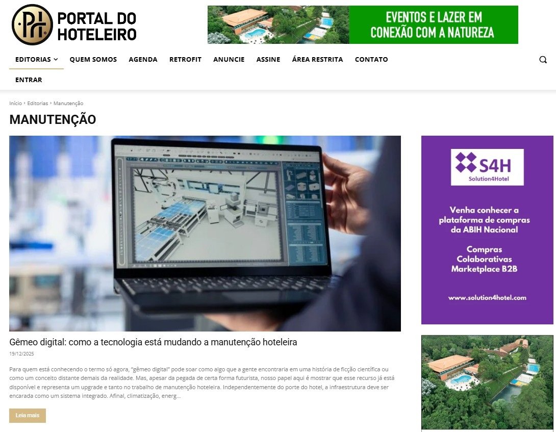 Captura de tela do site Portal do Hoteleiro na seção "Manutenção". O destaque é o artigo "Gêmeo digital: como a tecnologia está mudando a manutenção hoteleira", datado de 19/12/2025.