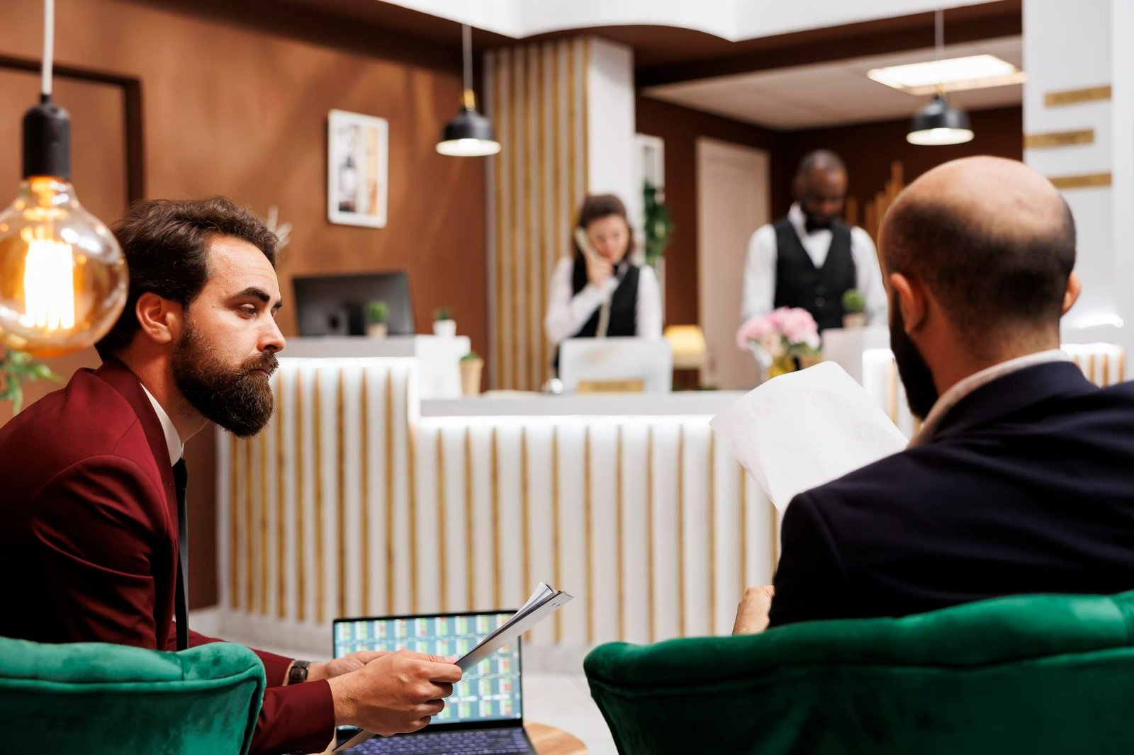 Dois homens de negócios sentados em poltronas verdes em um lobby de hotel moderno. Eles parecem estar durante uma reunião, analisando documentos e com um notebook apoiado em uma mesinha. Ao fundo a recepção do hotel está em plena atividade, com funcionários uniformizados atendendo chamadas e organizando o balcão. A cena possui uma iluminação quente e acolhedora, destacando o uso do lobby como um espaço versátil para trabalho e recepção.