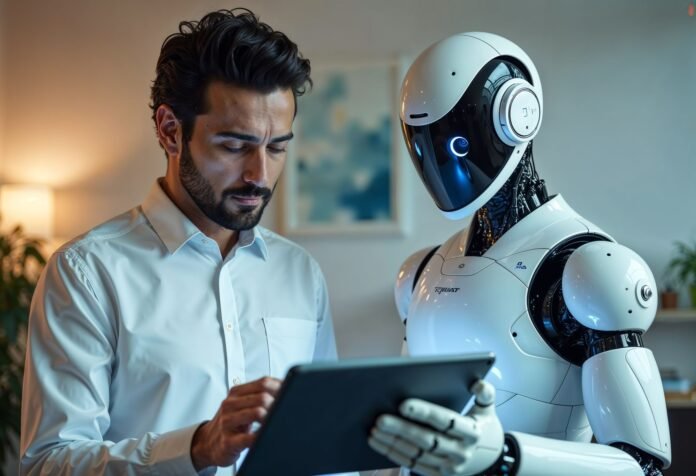 Homem com camisa social branca e robô humanoide branco analisam juntos informações em um tablet, ilustrando a aplicação da inteligência artificial no marketing hoteleiro em um ambiente de escritório moderno.