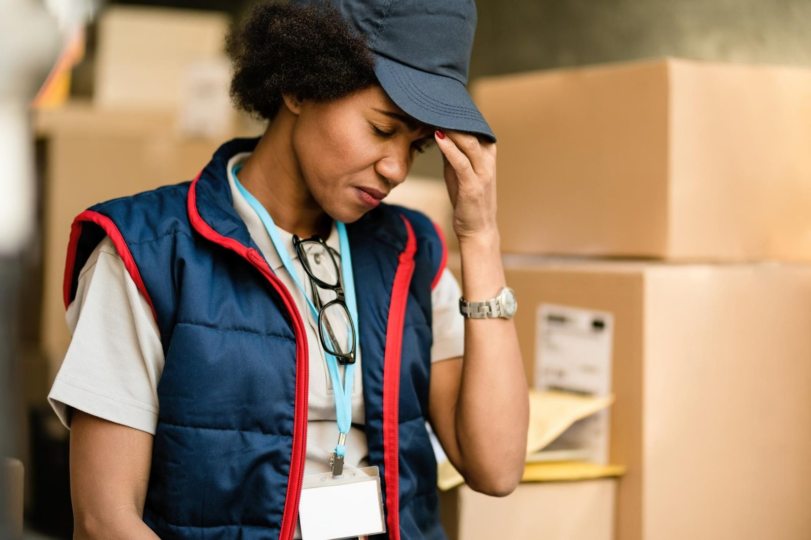 Mulher com uniforme de logística e boné, demonstrando frustração e preocupação com o estoque de caixas ao fundo, representando uma falha operacional na reposição de enxoval para hotéis.