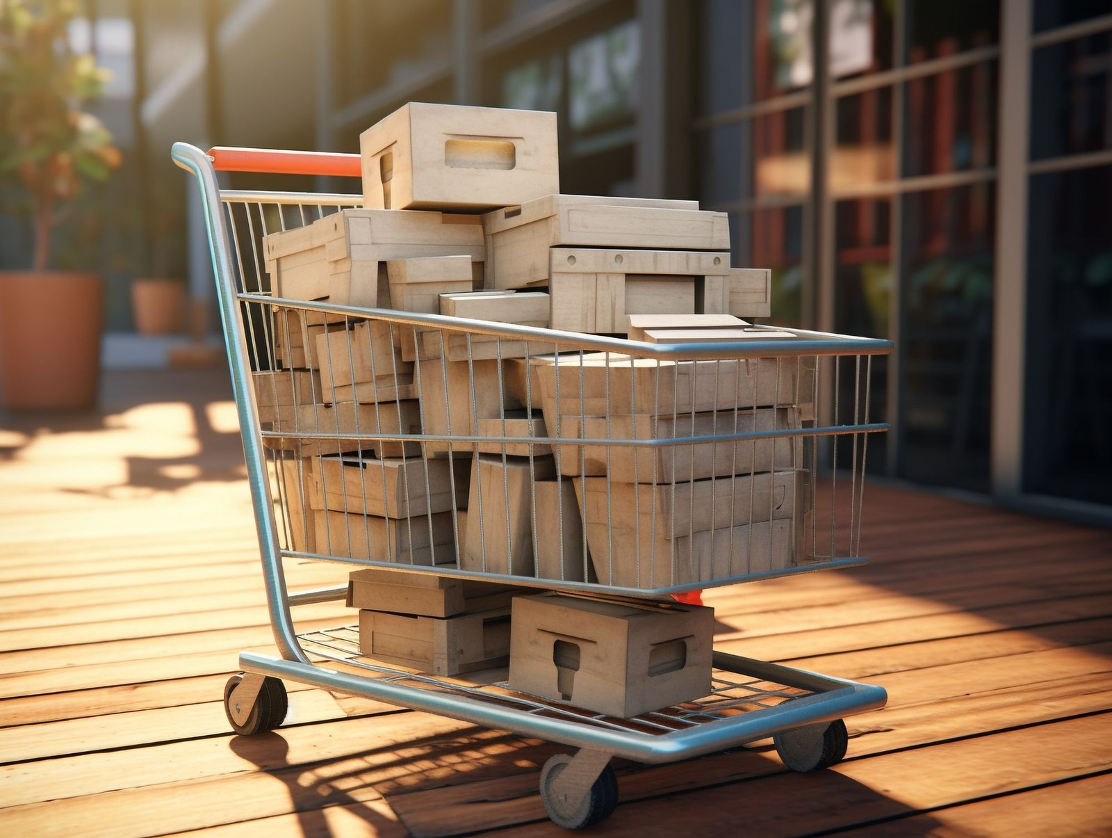 Um carrinho de compras de supermercado, posicionado sobre um piso de madeira em um ambiente iluminado, está completamente carregado com diversas caixas de papelão empilhadas. A imagem representa a quantidade excessiva de produtos, o que prejudica a gestão eficiente de estoque.