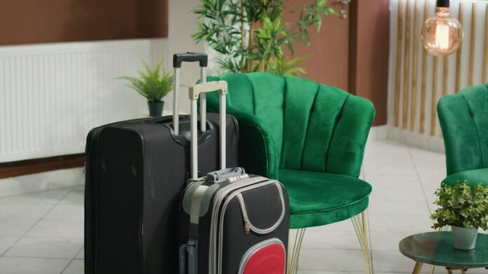 Duas malas de rodinhas solitárias posicionadas no lobby de um hotel moderno com poltronas verdes. A imagem destaca a importância da gestão de bagagens em hotéis para garantir a conveniência do hóspede.