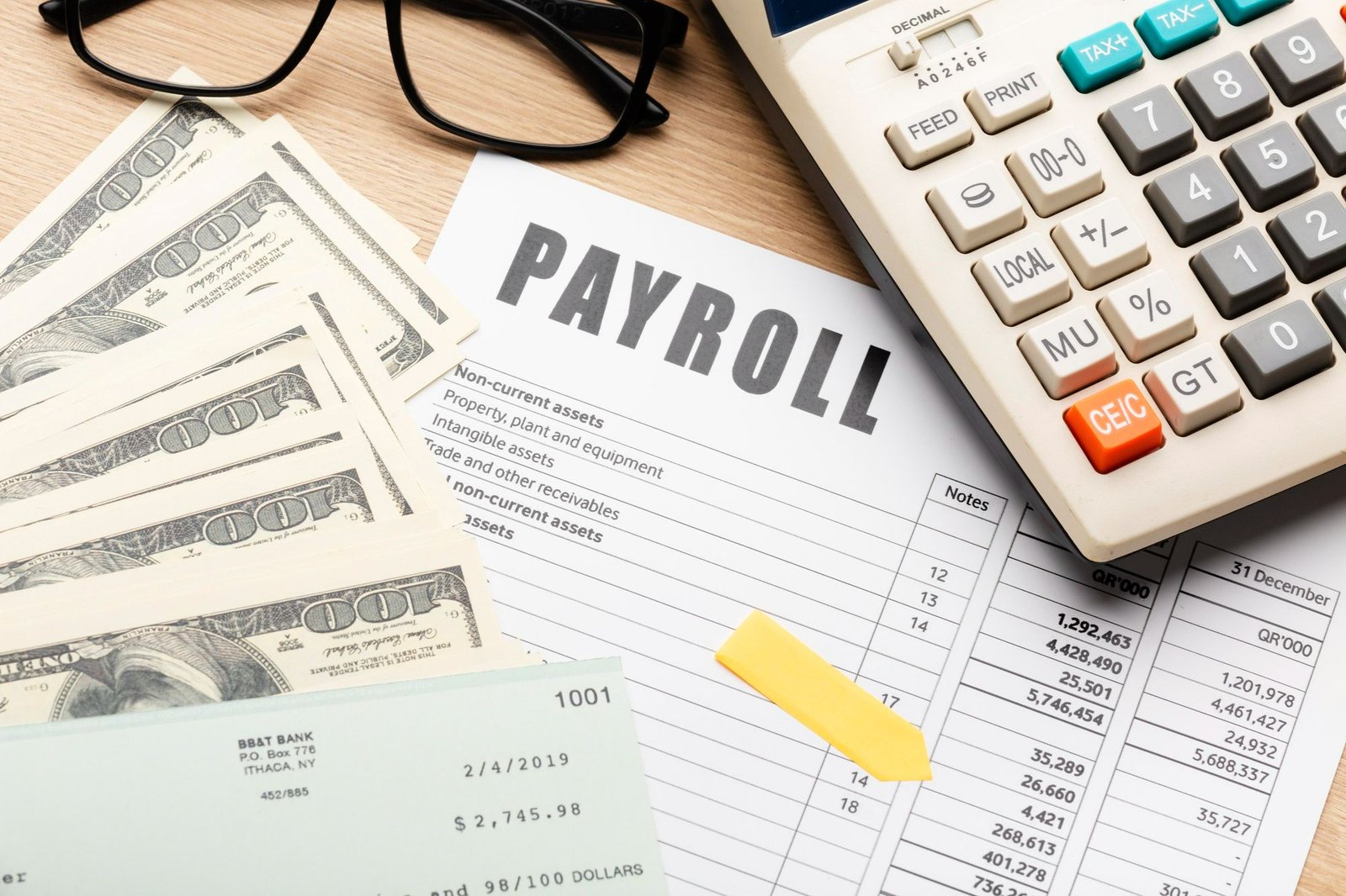 Foto em primeiro plano de um formulário de folha de pagamento ("payroll") cercado por notas de dólares e uma calculadora. A imagem ilustra o impacto fiscal sobre as empresas, relacionando-se à proposta da PEC nº 1/2026, que promete ajudar no combate à informalidade na hotelaria e em outros setores. 