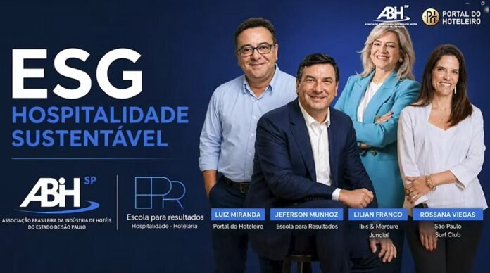 Banner azul com foto de quatro profissionais sorrindo: Luiz Miranda, Jeferson Munhoz, Lilian Franco e Rossana Viegas. À esquerda, em destaque, o texto grande 'ESG HOSPITALIDADE SUSTENTÁVEL'. Na parte superior direita, logos da ABIH-SP e Portal do Hoteleiro. Na base, logos da ABIH-SP, Escola para Resultados e as identificações de cada profissional com seus respectivos cargos e empresas.