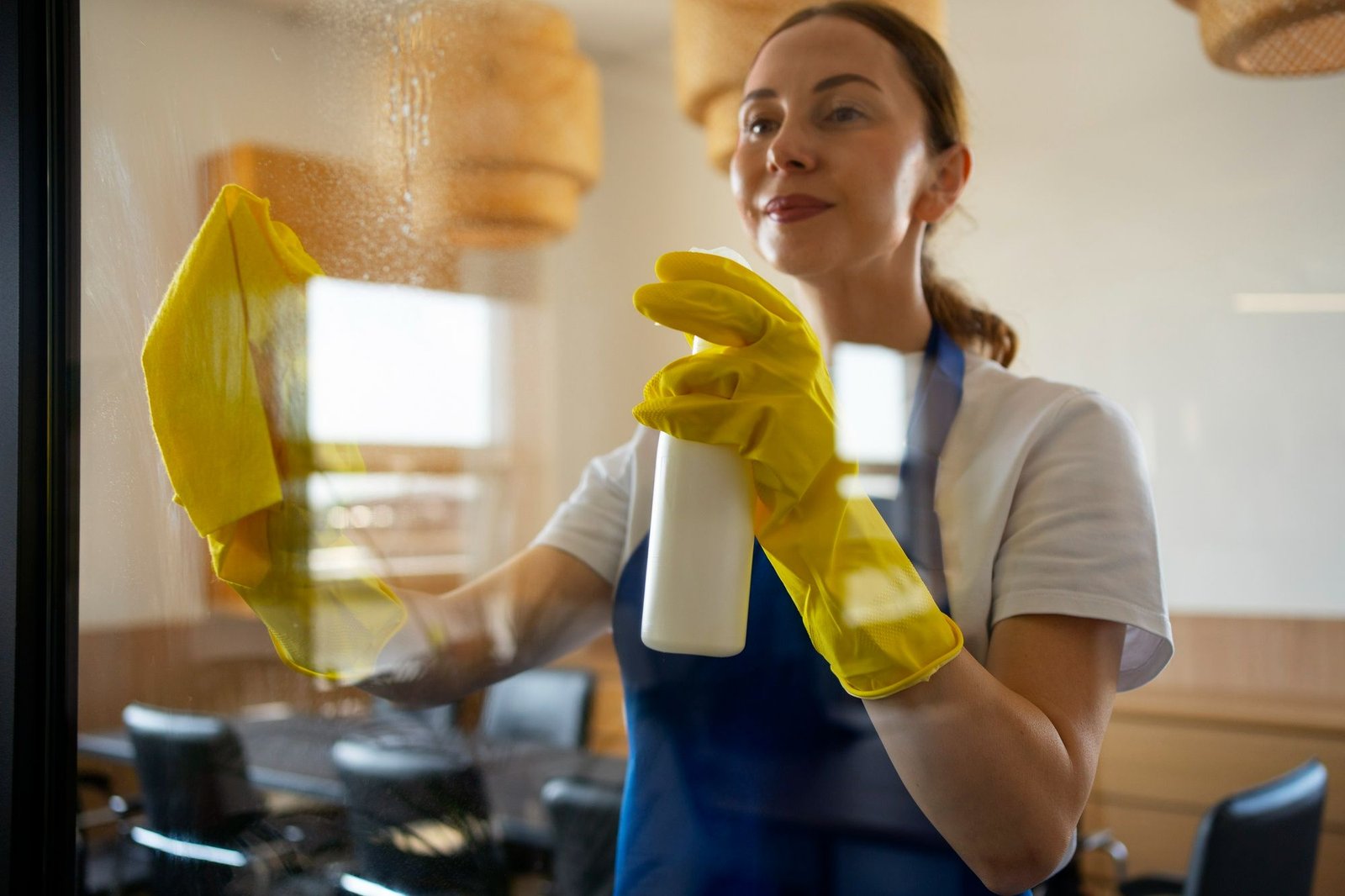Uma profissional de limpeza, usando luvas amarelas e avental azul, higieniza uma divisória de vidro transparente com um borrifador e um pano amarelo. A cena ilustra a aplicação prática de soluções de limpeza profissional para a hotelaria em áreas comuns, focando na agilidade e na transparência do serviço. 