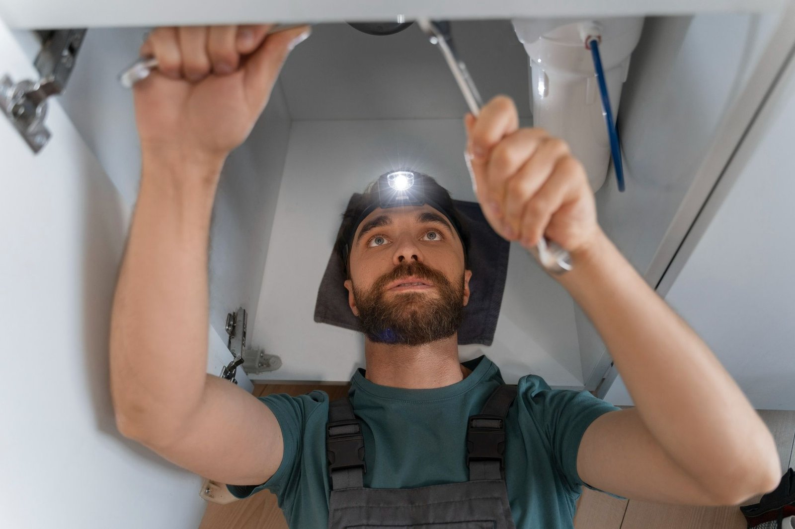 Um técnico de manutenção com barba, usando uma lanterna de cabeça acesa, trabalha no conserto hidráulico dentro de um gabinete de pia branco. Ele utiliza chaves de boca para ajustar a tubulação, ilustrando a precisão e o detalhismo necessários na manutenção em hotéis para evitar vazamentos e garantir o funcionamento das instalações.