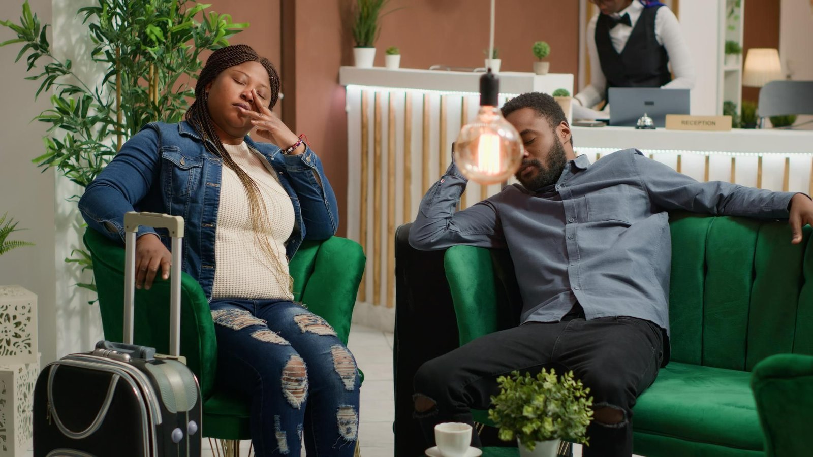 Um casal de hóspedes aparece visivelmente cansado e frustrado, sentado em poltronas verdes no lobby de um hotel, enquanto aguarda com suas malas. A cena ilustra as consequências negativas de uma falha na manutenção em hotéis, como a indisponibilidade de quartos, impactando diretamente a experiência do cliente e a imagem do estabelecimento.