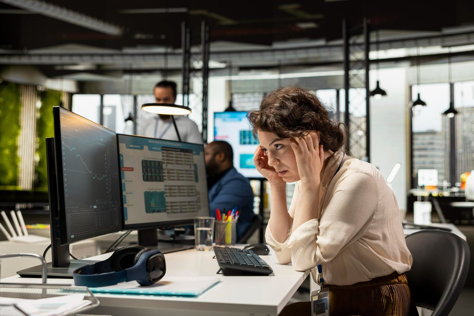 Mulher com expressão preocupada e as mãos na cabeça analisa gráficos financeiros e tabelas em dois monitores de computador em um escritório moderno. Ao fundo, outros profissionais trabalham em suas mesas, simbolizando o impacto de erros de algoritmo e falhas na previsão de demanda em hotéis.