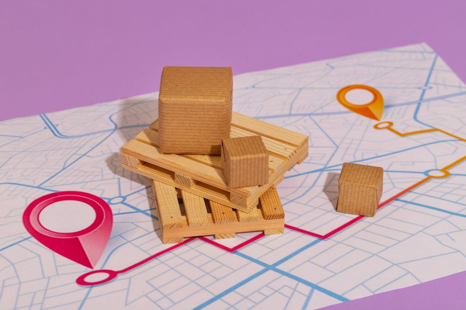 Pequenas caixas de papelão kraft apoiadas sobre minipaletes de madeira estão dispostas em cima de um mapa de ruas impresso, ilustrando a logística com parceiros locais para evitar o desabastecimento em hotéis. Uma linha vermelha conecta um pino de localização vermelho em primeiro plano a um pino laranja ao fundo.