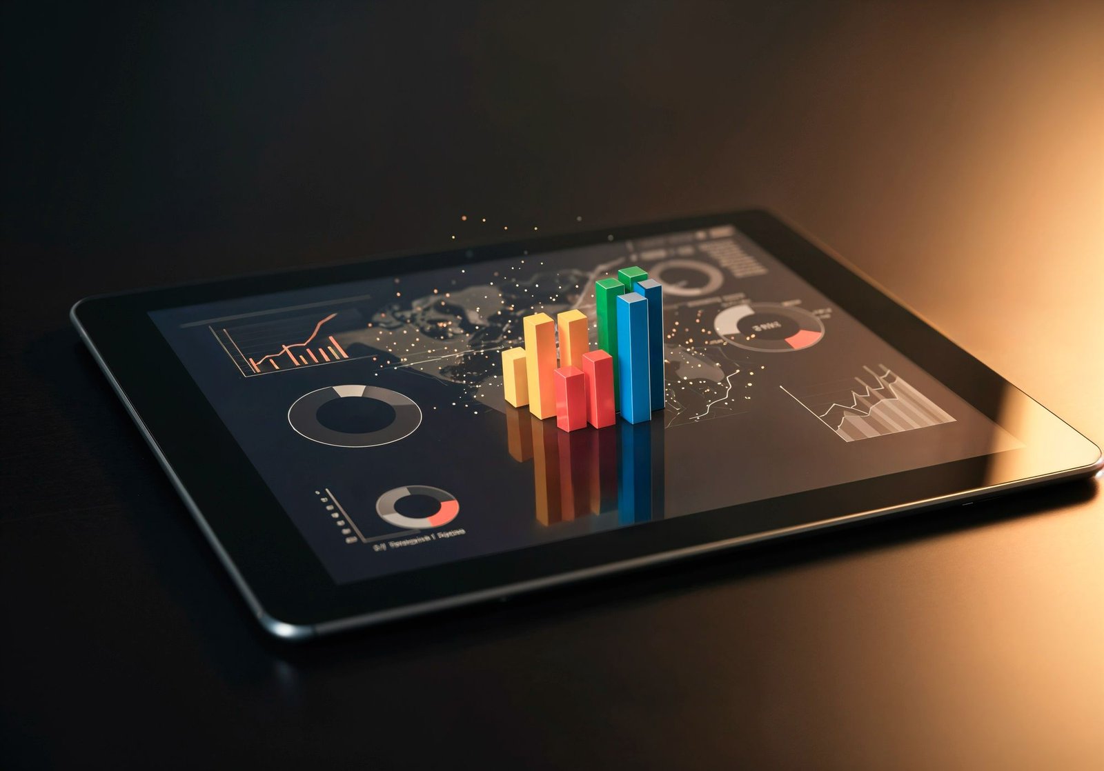 Um tablet deitado sobre uma superfície escura exibe um painel de análise de dados com gráficos de linhas, pizza e um mapa-múndi ao fundo, ideal para monitorar os riscos na cadeia de suprimentos. No centro da tela, destacam-se barras coloridas tridimensionais em tons de amarelo, vermelho, verde e azul.