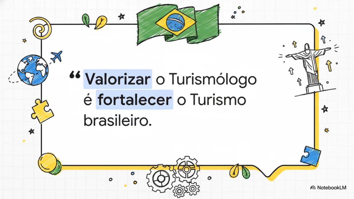 Uma ilustração estilo rabisco em um fundo branco, emoldurada por uma borda preta fina. No centro, uma caixa de diálogo contém a seguinte citação em português: '“ Valorizar o turismólogo é fortalecer o turismo brasileiro.”', com as palavras "valorizar" e "fortalecer" em negrito e sublinhadas. A caixa de diálogo está rodeada por vários desenhos coloridos à mão: no topo, uma bandeira do Brasil hasteada; à direita, uma estátua do Cristo Redentor com setas apontando para cima e estrelas; à esquerda, um globo terrestre, um avião, um espiral, estrelas e uma peça de quebra-cabeça; na parte inferior, engrenagens, outra peça de quebra-cabeça, uma folha e uma moeda. No canto inferior direito, o logotipo 'NotebookLM' e no canto inferior esquerdo, um pequeno ícone da ABBTUR. A estética geral é lúdica e educacional.