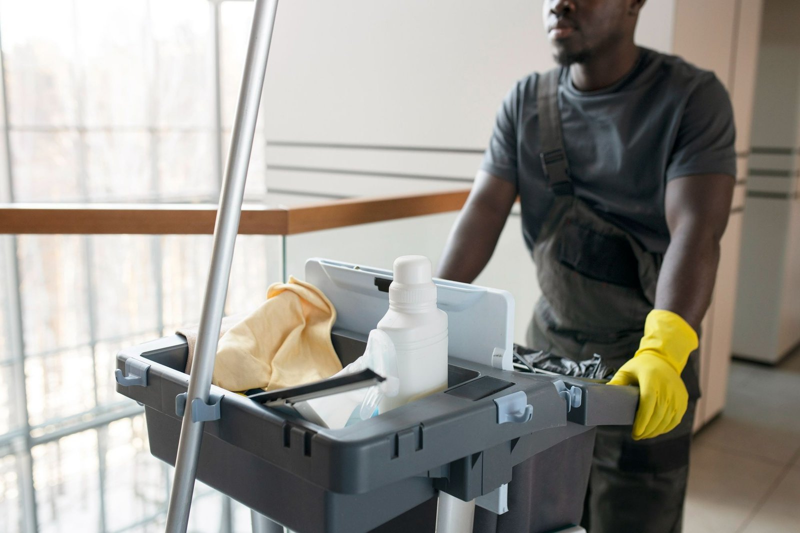 Close-up de um profissional de limpeza empurrando carrinho com insumos e equipamentos de higienização. A cena representa a importância da organização do estoque na hotelaria, essencial para monitorar datas de vencimento e proteger a integridade física dos trabalhadores.