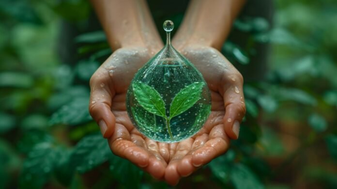Mãos em concha segurando uma gota de água cristalina que contém uma folha verde em seu interior, simbolizando como as boas práticas de manutenção ajudam a economizar água e contribuem para a sustentabilidade na hotelaria.