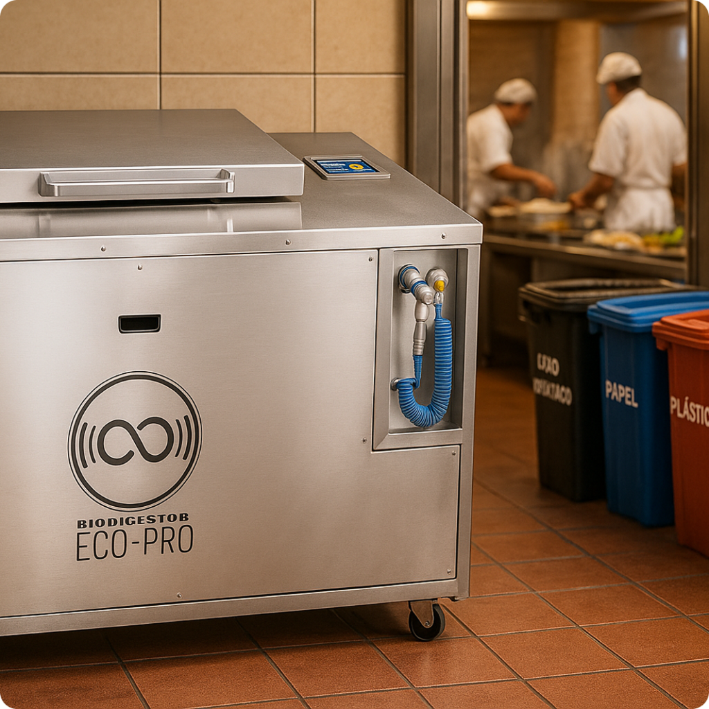 Exemplo de tecnologia na gestão de resíduos na hotelaria: biodigestor ECO-PRO, em aço inox, posicionado em uma cozinha profissional ao lado de lixeiras de coleta seletiva para papel e plástico, com cozinheiros trabalhando ao fundo.